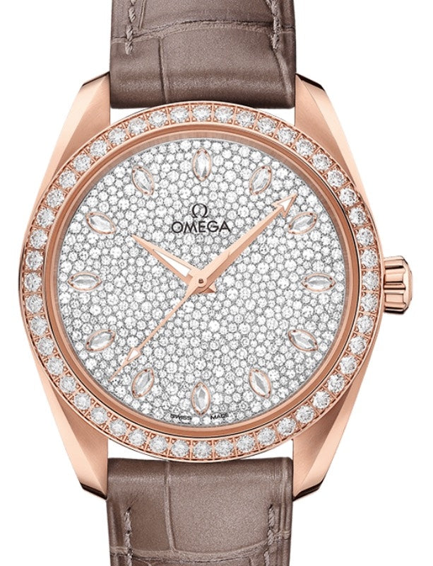 Omega Seamaster Aqua Terra 150M Co-Axial Master Chronometer Ladies 38mm Sedna Gold Diamond Bezel Diamond Pave Dial Alligator Leather Strap 220.58.38.20.99.003 - BRAND NEW