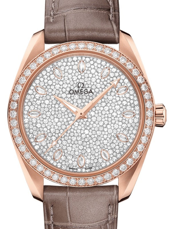 Omega Seamaster Aqua Terra 150M Co-Axial Master Chronometer Ladies 38mm Sedna Gold Diamond Bezel Diamond Pave Dial Alligator Leather Strap 220.58.38.20.99.003 - BRAND NEW