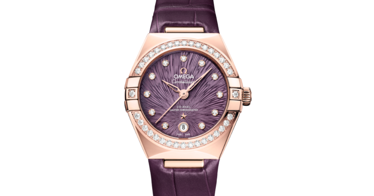 Omega Constellation Co-Axial Master Chronometer 29mm Sedna Gold Diamond Purple Dial 131.58.29.20.60.002