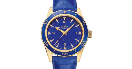 Omega Seamaster 300 41mm Yellow Gold Blue Dial Leather Strap 234.63.41.21.99.002