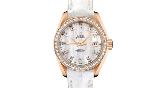 Omega Seamaster Aqua Terra 150M Co-Axial Chronometer 30mm Red Gold Diamond Bezel White Mother of Pearl Dial Diamond Set Index Alligator Leather Strap 231.58.30.20.55.001 - BRAND NEW