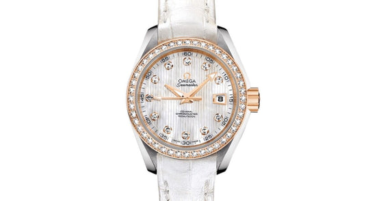 Omega Seamaster Aqua Terra 150M Co-Axial Chronometer 30mm Stainless Steel Red Gold Diamond Bezel White Mother of Pearl Dial Diamond Set Index Alligator Leather Strap 231.28.30.20.55.001 - BRAND NEW