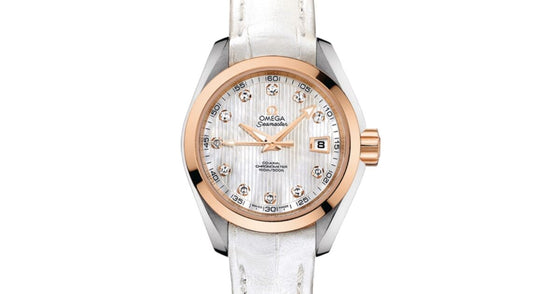 Omega Seamaster Aqua Terra 150M Co-Axial Chronometer 30mm Stainless Steel Red Gold White Mother of Pearl Dial Diamond Set Index Alligator Leather Strap 231.23.30.20.55.001 - BRAND NEW