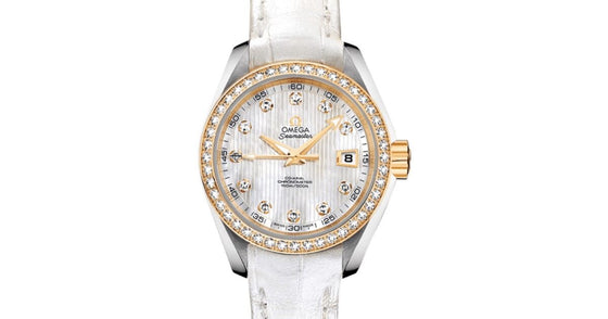 Omega Seamaster Aqua Terra 150M Co-Axial Chronometer 30mm Stainless Steel Yellow Gold Diamond Bezel White Mother of Pearl Dial Diamond Set Index Alligator Leather Strap 231.28.30.20.55.002 - BRAND NEW