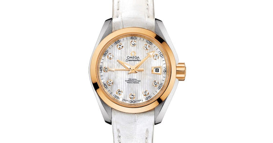 Omega Seamaster Aqua Terra 150M Co-Axial Chronometer 30mm Stainless Steel Yellow Gold White Mother of Pearl Dial Diamond Set Index Alligator Leather Strap 231.23.30.20.55.002 - BRAND NEW