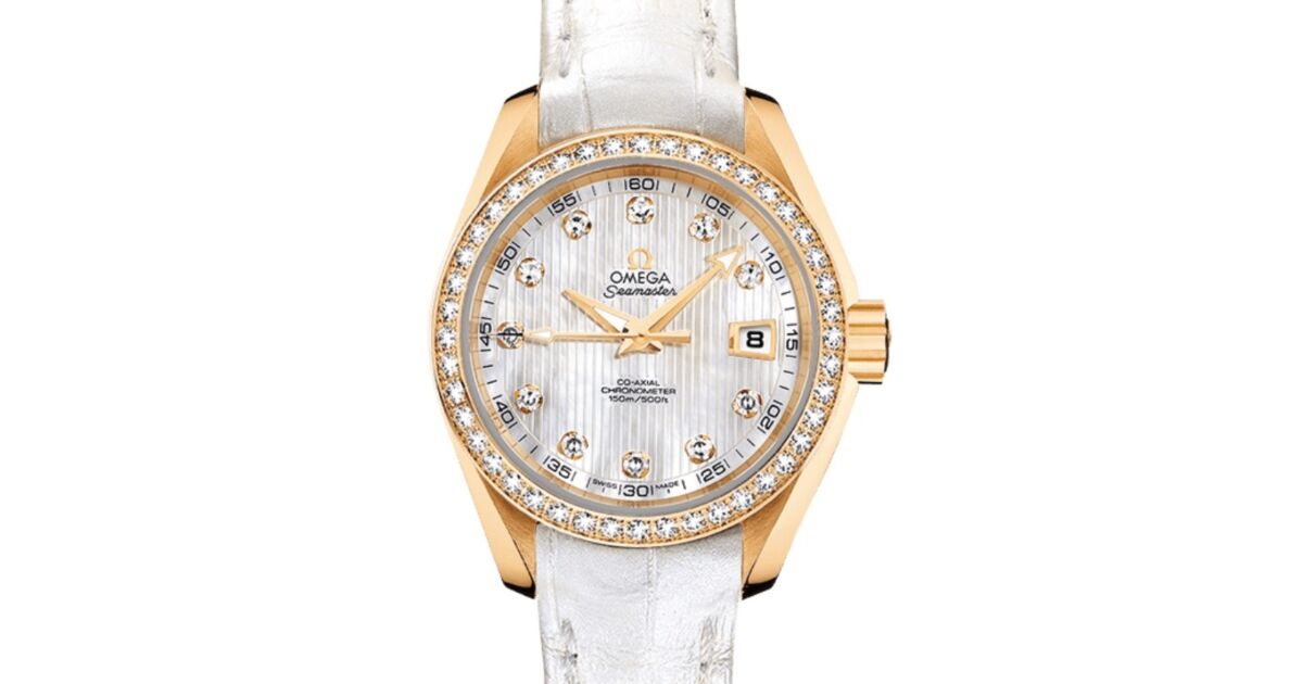 Omega Seamaster Aqua Terra 150M Co-Axial Chronometer 30mm Yellow Gold Diamond Bezel White Mother of Pearl Dial Diamond Set Index Alligator Leather Strap 231.58.30.20.55.002 - BRAND NEW