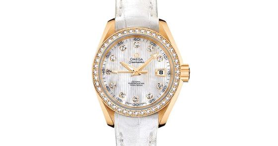 Omega Seamaster Aqua Terra 150M Co-Axial Chronometer 30mm Yellow Gold Diamond Bezel White Mother of Pearl Dial Diamond Set Index Alligator Leather Strap 231.58.30.20.55.002 - BRAND NEW
