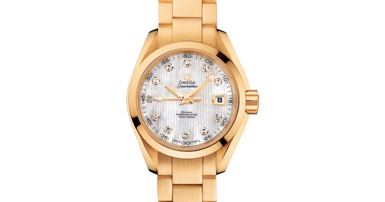 Omega Seamaster Aqua Terra 150M Co-Axial Chronometer 30mm Yellow Gold White Mother of Pearl Dial Diamond Set Index Yellow Gold Bracelet 231.50.30.20.55.002 - BRAND NEW