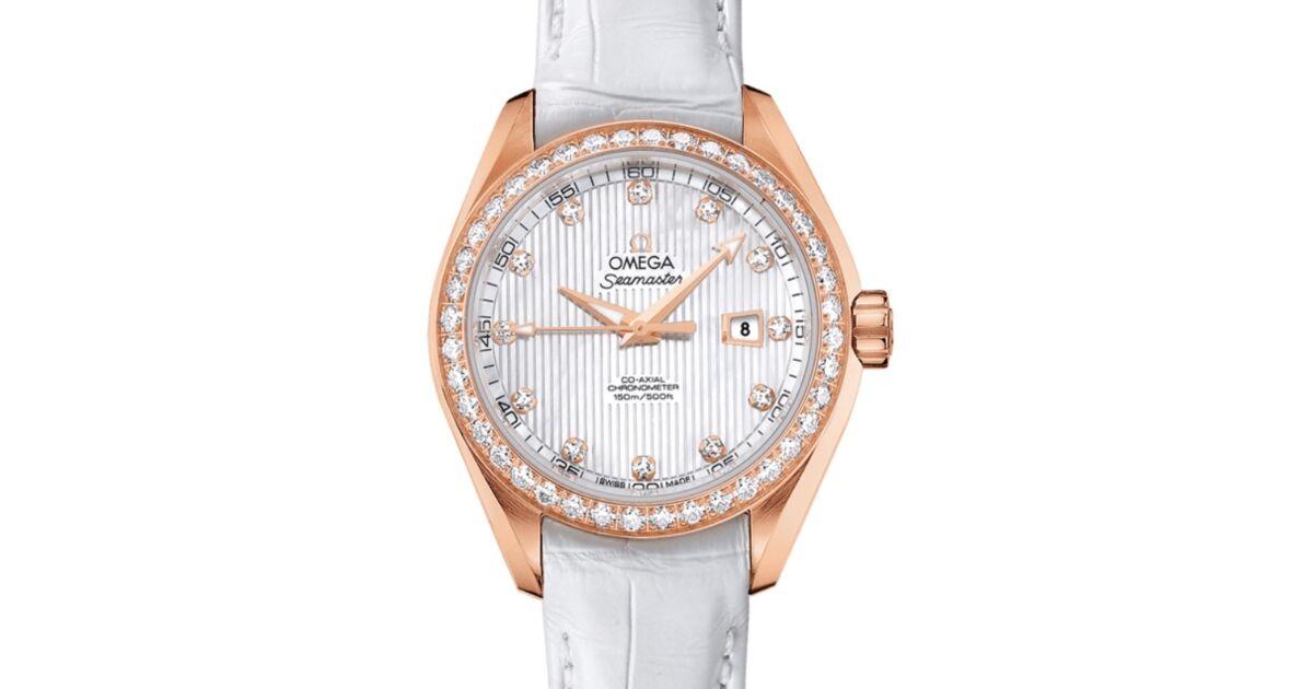 Omega Seamaster Aqua Terra 150M Co-Axial Chronometer 34mm Red Gold Diamond Bezel White Mother of Pearl Dial Diamond Set Index Alligator Leather Strap 231.58.34.20.55.002 - BRAND NEW