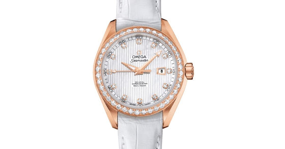 Omega Seamaster Aqua Terra 150M Co-Axial Chronometer 34mm Red Gold Diamond Bezel White Mother of Pearl Dial Diamond Set Index Alligator Leather Strap 231.58.34.20.55.002 - BRAND NEW