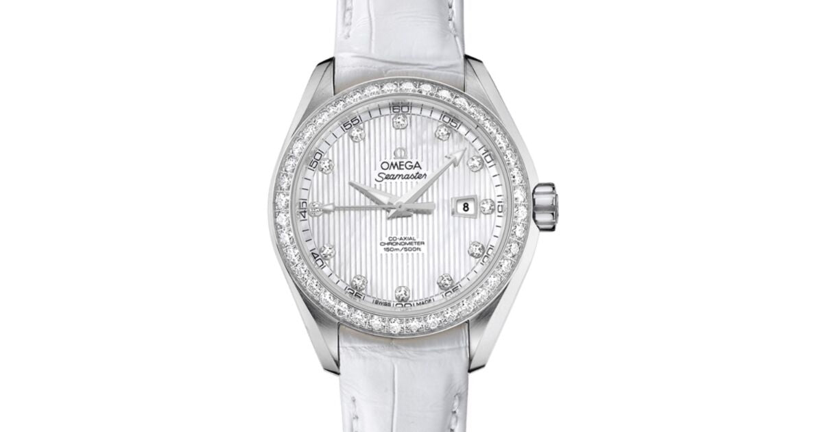 Omega Seamaster Aqua Terra 150M Co-Axial Chronometer 34mm Stainless Steel Diamond Bezel White Mother of Pearl Dial Diamond Set Index Alligator Leather Strap 231.18.34.20.55.001 - BRAND NEW