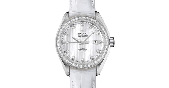 Omega Seamaster Aqua Terra 150M Co-Axial Chronometer 34mm Stainless Steel Diamond Bezel White Mother of Pearl Dial Diamond Set Index Alligator Leather Strap 231.18.34.20.55.001 - BRAND NEW