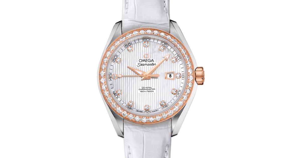 Omega Seamaster Aqua Terra 150M Co-Axial Chronometer 34mm Stainless Steel Red Gold Diamond Bezel White Mother of Pearl Dial Diamond Set Index Alligator Leather Strap 231.28.34.20.55.002 - BRAND NEW