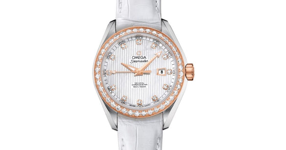 Omega Seamaster Aqua Terra 150M Co-Axial Chronometer 34mm Stainless Steel Red Gold Diamond Bezel White Mother of Pearl Dial Diamond Set Index Alligator Leather Strap 231.28.34.20.55.002 - BRAND NEW