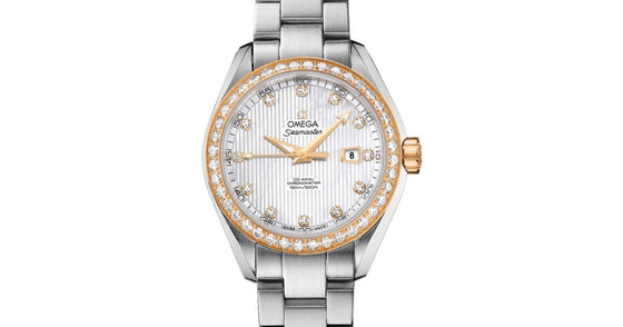 Omega Seamaster Aqua Terra 150M Co-Axial Chronometer 34mm Stainless Steel Yellow Gold Diamond Bezel White Mother of Pearl Dial Diamond Set Index Steel Bracelet 231.25.34.20.55.004 - BRAND NEW