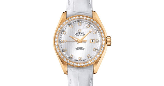 Omega Seamaster Aqua Terra 150M Co-Axial Chronometer 34mm Yellow Gold Diamond Bezel White Mother of Pearl Dial Diamond Set Index Alligator Leather Strap 231.58.34.20.55.001 - BRAND NEW