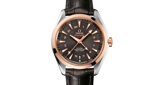 Omega Seamaster Aqua Terra 150M Co-Axial Chronometer GMT 43mm Stainless Steel Red Gold Grey Dial Alligator Leather Strap 231.23.43.22.06.001 - BRAND NEW