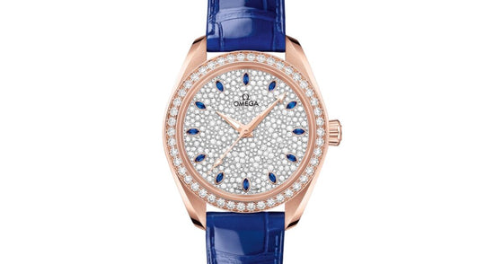 Omega Seamaster Aqua Terra 150M Co-Axial Master Chronometer 34mm Sedna Gold Diamond Bezel Diamond Dial Sapphire Index Alligator Leather Strap 220.58.34.20.99.002 - BRAND NEW