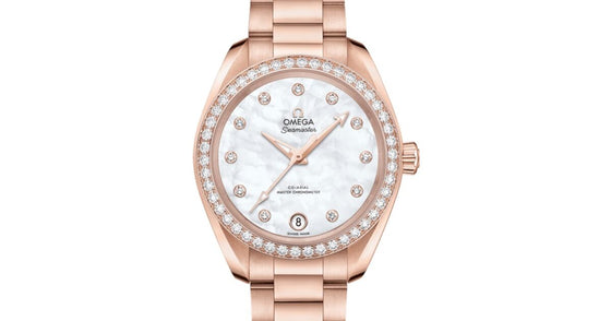 Omega Seamaster Aqua Terra 150M Co-Axial Master Chronometer 34mm Sedna Gold Diamond Bezel White Mother-of-Pearl Dial Diamond Set Index Sedna Gold Bracelet 220.55.34.20.55.001 - BRAND NEW