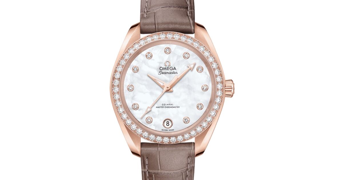 Omega Seamaster Aqua Terra 150M Co-Axial Master Chronometer 34mm Sedna Gold Diamond Bezel White Mother of Pearl Dial Diamond Set Index Alligator Leather Strap 220.58.34.20.55.001 - BRAND NEW