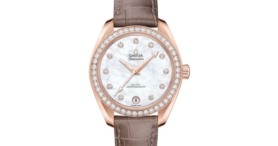 Omega Seamaster Aqua Terra 150M Co-Axial Master Chronometer 34mm Sedna Gold Diamond Bezel White Mother of Pearl Dial Diamond Set Index Alligator Leather Strap 220.58.34.20.55.001 - BRAND NEW