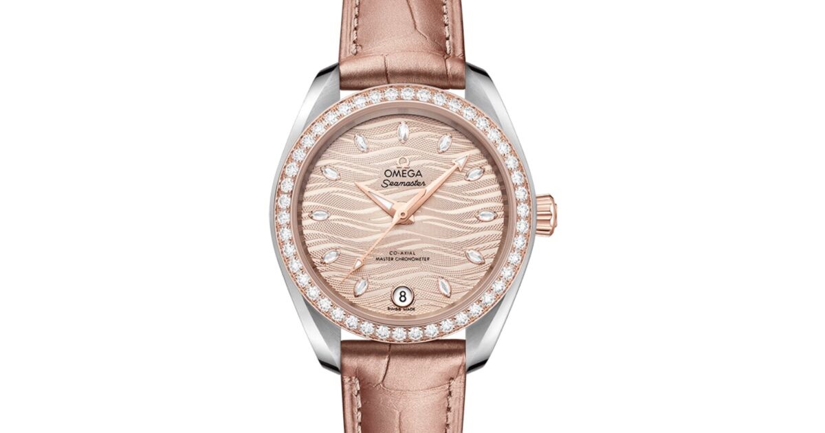 Omega Seamaster Aqua Terra 150M Co-Axial Master Chronometer 34mm Stainless Steel Sedna Gold Diamond Bezel Grey Nude Diamond Hour Dial Alligator Leather Strap 220.28.34.20.59.001 - BRAND NEW