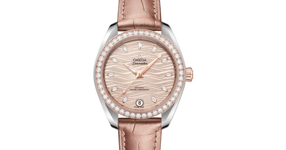 Omega Seamaster Aqua Terra 150M Co-Axial Master Chronometer 34mm Stainless Steel Sedna Gold Diamond Bezel Grey Nude Diamond Hour Dial Alligator Leather Strap 220.28.34.20.59.001 - BRAND NEW