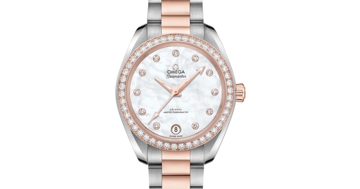 Omega Seamaster Aqua Terra 150M Co-Axial Master Chronometer 34mm Stainless Steel Sedna Gold Diamond Bezel White Mother of Pearl Dial Diamond Set Index Steel Sedna Gold Bracelet 220.25.34.20.55.001 - BRAND NEW