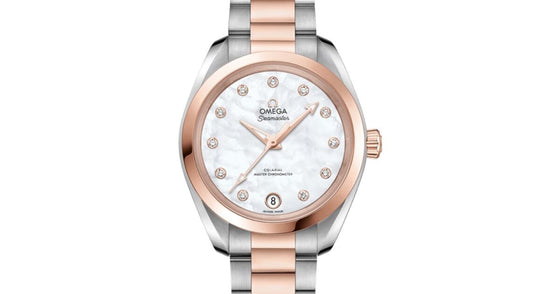 Omega Seamaster Aqua Terra 150M Co-Axial Master Chronometer 34mm Stainless Steel Sedna Gold White Mother of Pearl Dial Diamond Set Index Steel Sedna Gold Bracelet 220.20.34.20.55.001 - BRAND NEW