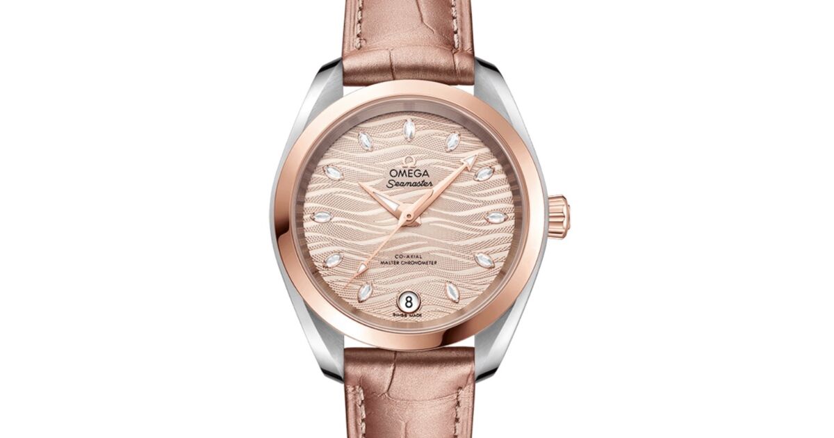 Omega Seamaster Aqua Terra 150M Co-Axial Master Chronometer 34mm Steel Sedna Gold Grey Dial Dimond Hour Markers Alligator Leather Strap 220.23.34.20.59.001 - BRAND NEW