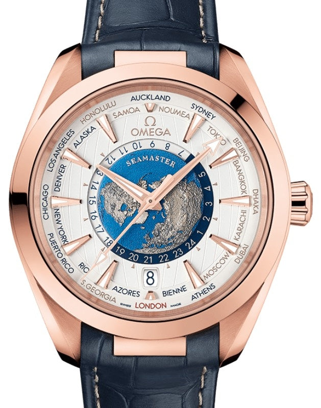 Omega Seamaster Aqua Terra 150M Co-Axial Master Chronometer GMT Worldtimer 43mm Sedna Gold Silver Dial Alligator Leather Strap 220.53.43.22.02.001 - BRAND NEW