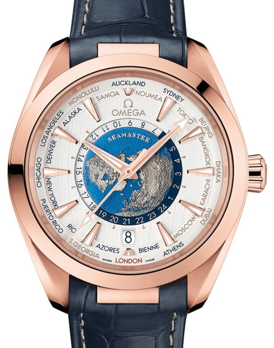 Omega Seamaster Aqua Terra 150M Co-Axial Master Chronometer GMT Worldtimer 43mm Sedna Gold Silver Dial Alligator Leather Strap 220.53.43.22.02.001 - BRAND NEW