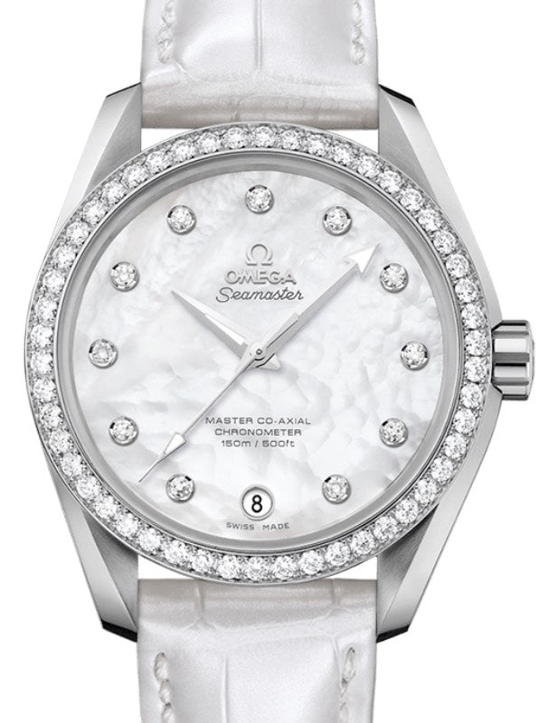 Omega Seamaster Aqua Terra 150M Master Co-Axial Chronometer Ladies 38.5 Stainless Steel Diamond Bezel White Mother of Pearl Dial Diamond Set Index Alligator Leather Strap 231.18.39.21.55.001 - BRAND NEW