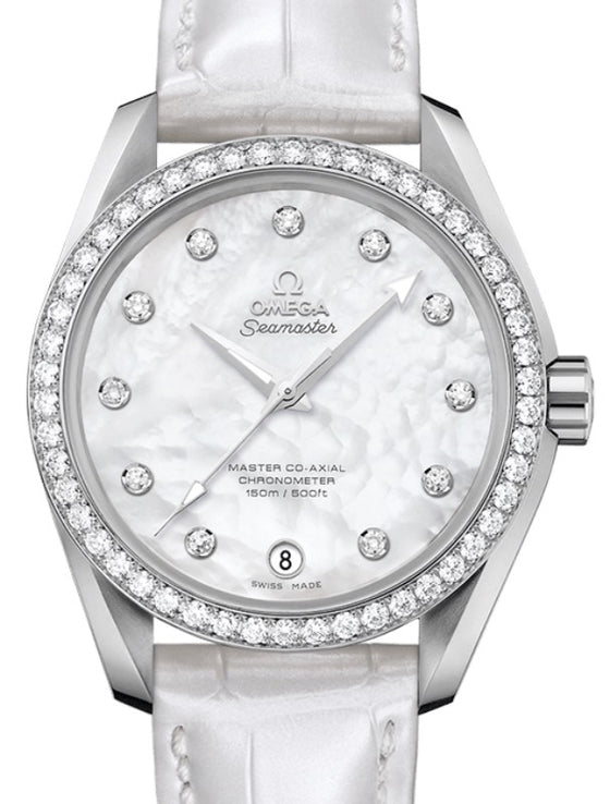 Omega Seamaster Aqua Terra 150M Master Co-Axial Chronometer Ladies 38.5 Stainless Steel Diamond Bezel White Mother of Pearl Dial Diamond Set Index Alligator Leather Strap 231.18.39.21.55.001 - BRAND NEW