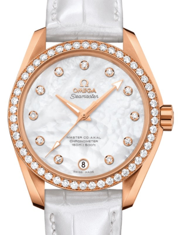 Omega Seamaster Aqua Terra 150M Master Co-Axial Chronometer Ladies 38.5mm Red Gold Diamond Bezel White Mother of Pearl Dial Diamond Set Index Alligator Leather Strap 231.58.39.21.55.001 - BRAND NEW