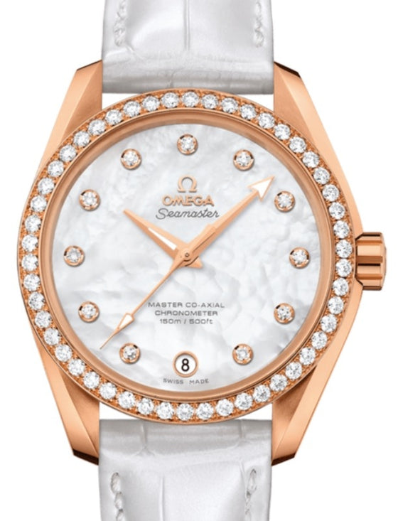 Omega Seamaster Aqua Terra 150M Master Co-Axial Chronometer Ladies 38.5mm Red Gold Diamond Bezel White Mother of Pearl Dial Diamond Set Index Alligator Leather Strap 231.58.39.21.55.001 - BRAND NEW