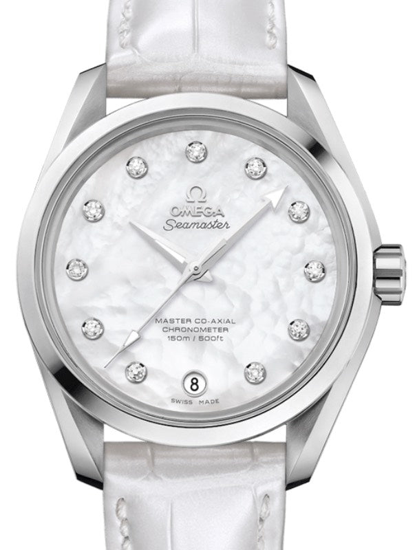 Omega Seamaster Aqua Terra 150M Master Co-Axial Chronometer Ladies 38.5mm Stainless Steel White Mother of Pearl Dial Diamond Index Alligator Leather Strap 231.13.39.21.55.002 - BRAND NEW
