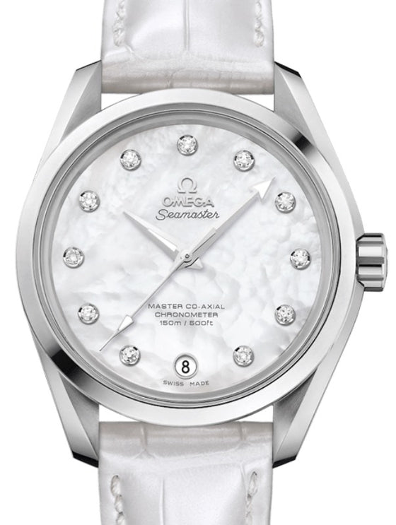 Omega Seamaster Aqua Terra 150M Master Co-Axial Chronometer Ladies 38.5mm Stainless Steel White Mother of Pearl Dial Diamond Index Alligator Leather Strap 231.13.39.21.55.002 - BRAND NEW
