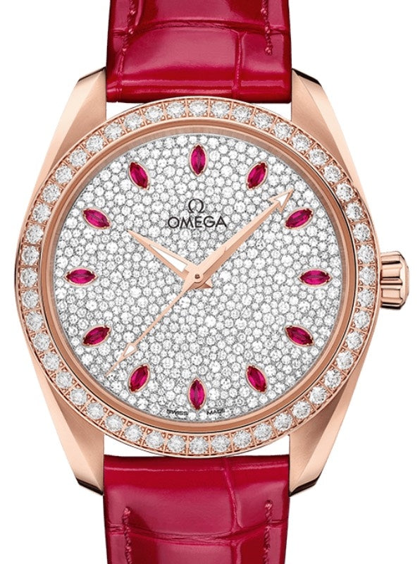 Omega Seamaster Aqua Terra 150M Co-Axial Master Chronometer Ladies 38mm Sedna Gold Diamond Bezel Diamond Pave Ruby Index Dial Alligator Leather Strap 220.58.38.20.99.001 - BRAND NEW