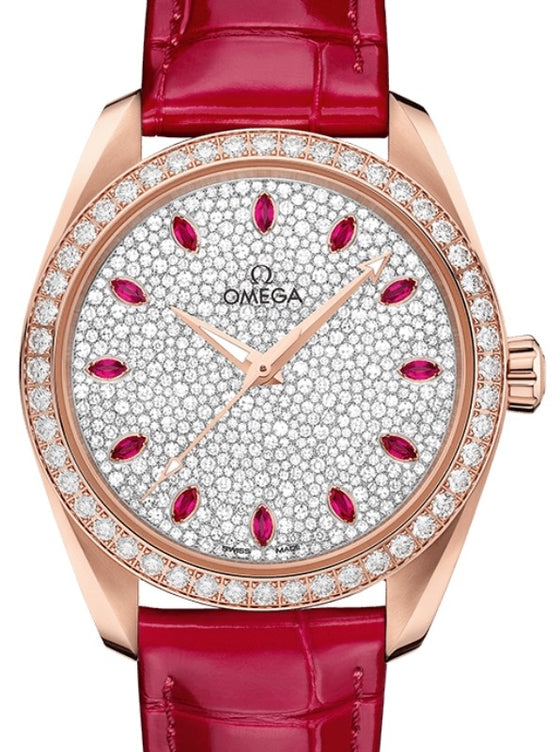 Omega Seamaster Aqua Terra 150M Co-Axial Master Chronometer Ladies 38mm Sedna Gold Diamond Bezel Diamond Pave Ruby Index Dial Alligator Leather Strap 220.58.38.20.99.001 - BRAND NEW