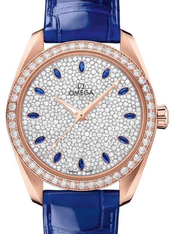 Omega Seamaster Aqua Terra 150M Co-Axial Master Chronometer Ladies 38mm Sedna Gold Diamond Bezel Diamond Pave Sapphire Index Dial Alligator Leather Strap 220.58.38.20.99.002 - BRAND NEW