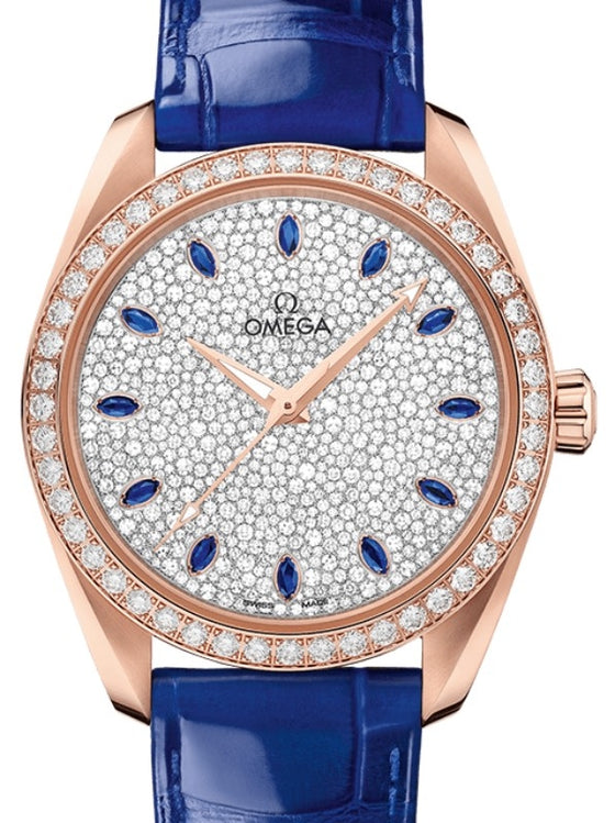 Omega Seamaster Aqua Terra 150M Co-Axial Master Chronometer Ladies 38mm Sedna Gold Diamond Bezel Diamond Pave Sapphire Index Dial Alligator Leather Strap 220.58.38.20.99.002 - BRAND NEW