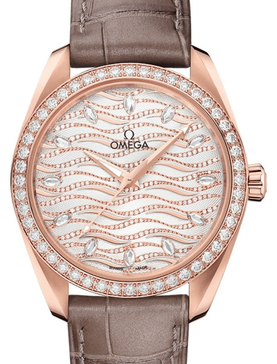 Omega Seamaster Aqua Terra 150M Co-Axial Master Chronometer Ladies 38mm Sedna Gold Diamond Bezel White Diamond Index Dial Alligator Leather Strap 220.58.38.20.99.006 - BRAND NEW