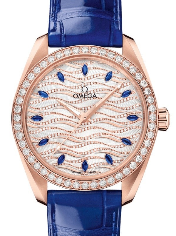 Omega Seamaster Aqua Terra 150M Co-Axial Master Chronometer Ladies 38mm Sedna Gold Diamond Bezel White Sapphire Index Dial Alligator Leather Strap 220.58.38.20.99.005 - BRAND NEW