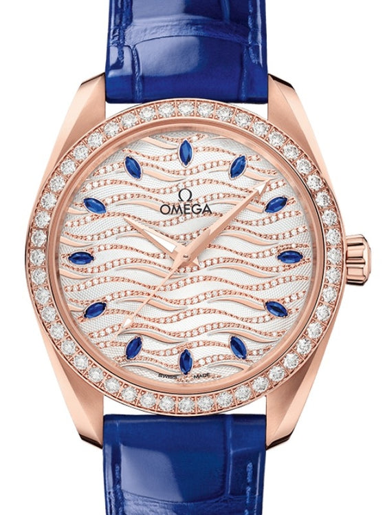 Omega Seamaster Aqua Terra 150M Co-Axial Master Chronometer Ladies 38mm Sedna Gold Diamond Bezel White Sapphire Index Dial Alligator Leather Strap 220.58.38.20.99.005 - BRAND NEW