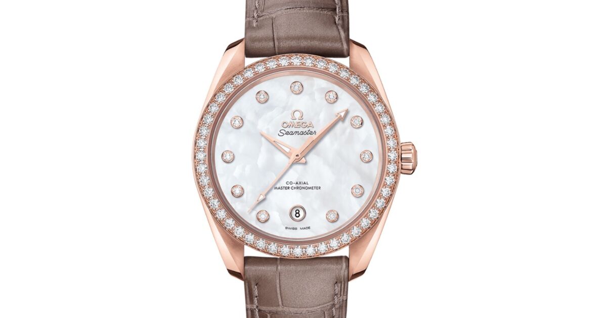 Omega Seamaster Aqua Terra 150M Co-Axial Master Chronometer Ladies 38mm Sedna Gold Diamonds White Dial Dimond Set Index Alligator Leather Strap 220.58.38.20.55.001 - BRAND NEW