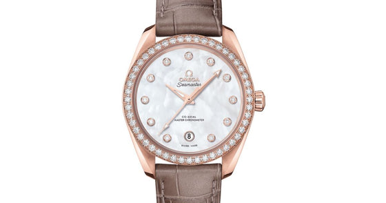 Omega Seamaster Aqua Terra 150M Co-Axial Master Chronometer Ladies 38mm Sedna Gold Diamonds White Dial Diamond Set Index Alligator Leather Strap 220.58.38.20.55.001 - BRAND NEW