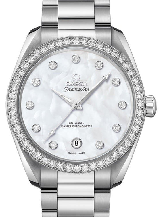 Omega Seamaster Aqua Terra 150M Co-Axial Master Chronometer Ladies 38mm Stainless Steel Diamonds White Dial Diamond Set Index Steel Bracelet 220.15.38.20.55.001 - BRAND NEW