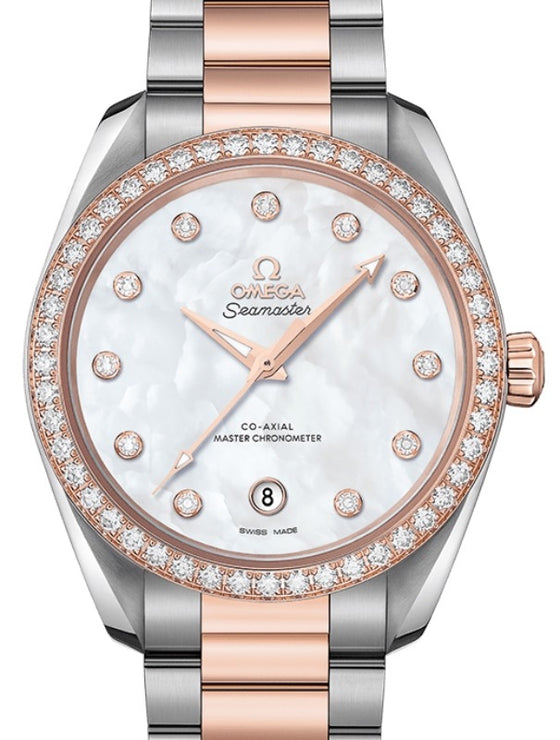 Omega Seamaster Aqua Terra 150M Co-Axial Master Chronometer Ladies 38mm Stainless Steel Sedna Gold Diamonds White Dial Diamond Set Index Steel Sedna Gold Bracelet 220.25.38.20.55.001 - BRAND NEW