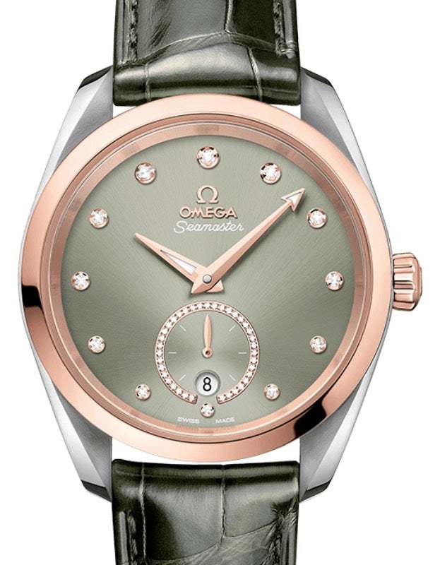 Omega Seamaster Aqua Terra 150M Co-Axial Master Chronometer Small Seconds 38mm Stainless Steel Sedna Gold Bezel Green Dial Diamond Set Index Black Alligator Leather Strap 220.23.38.20.60.001 - BRAND NEW